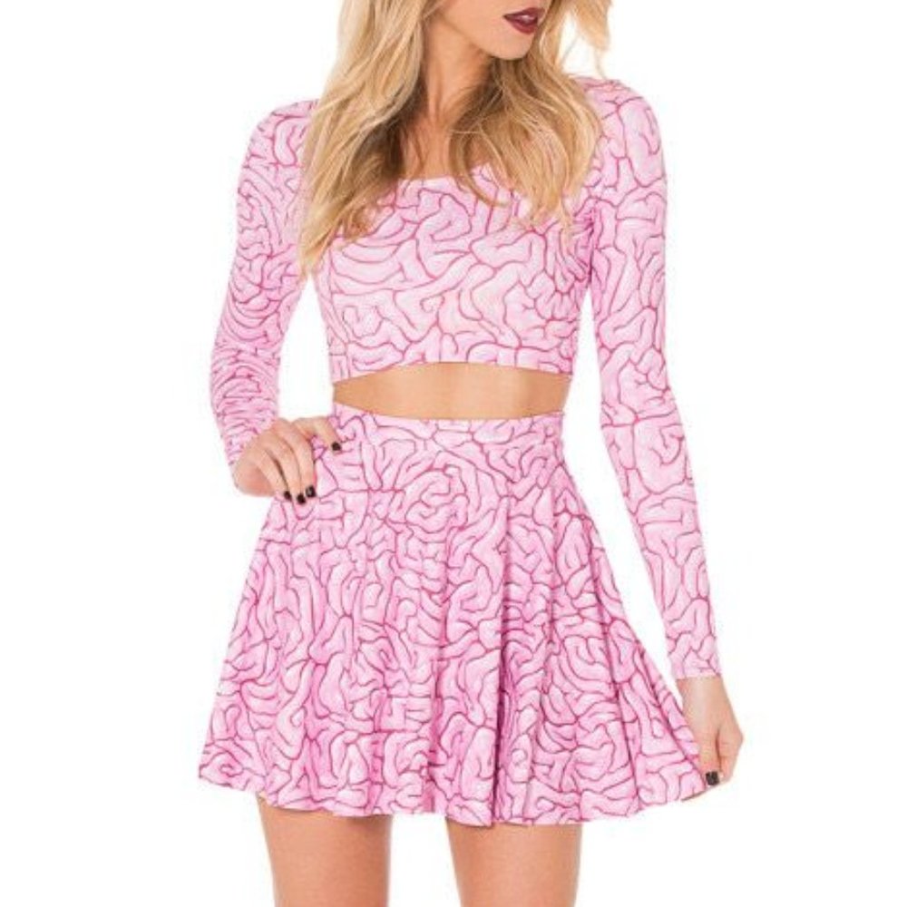 BRAAAINS LONG SLEEVE CROP TOP & SKATER SKIRT SET